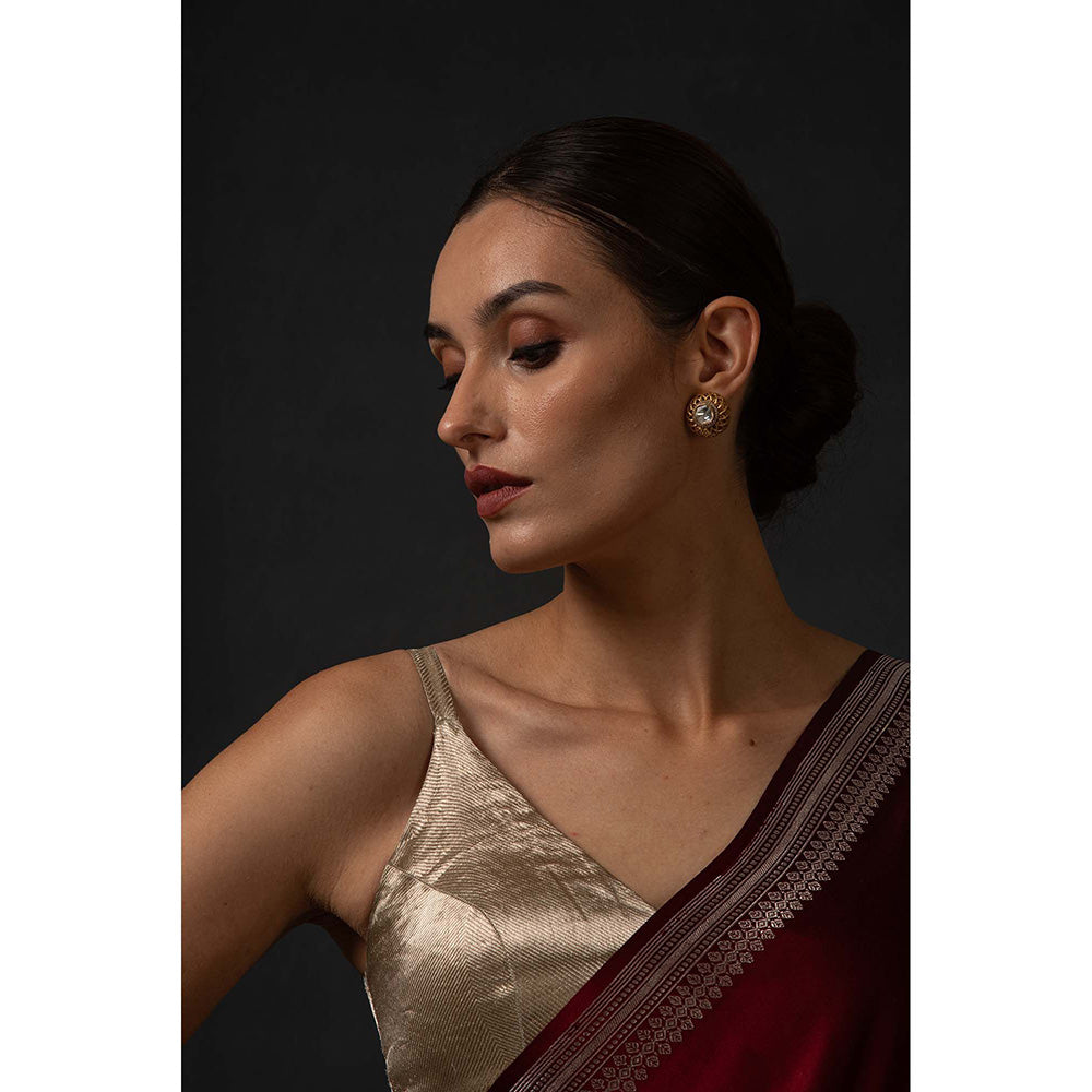 Sacred Weaves Maroon Booti Satin Silk Handloom Banarasi Saree Without Blouse