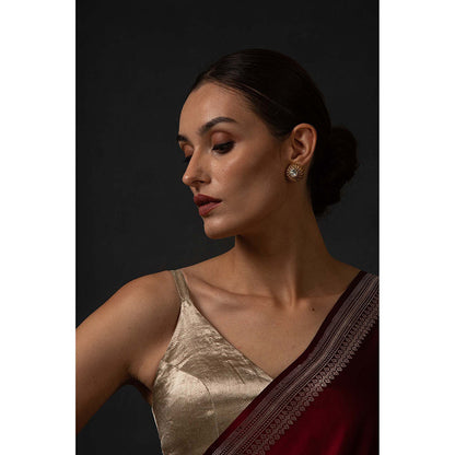 Sacred Weaves Maroon Booti Satin Silk Handloom Banarasi Saree Without Blouse