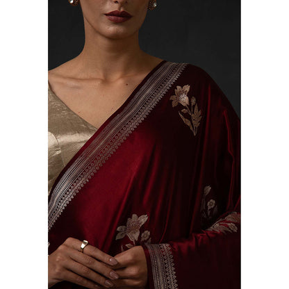 Sacred Weaves Maroon Booti Satin Silk Handloom Banarasi Saree Without Blouse