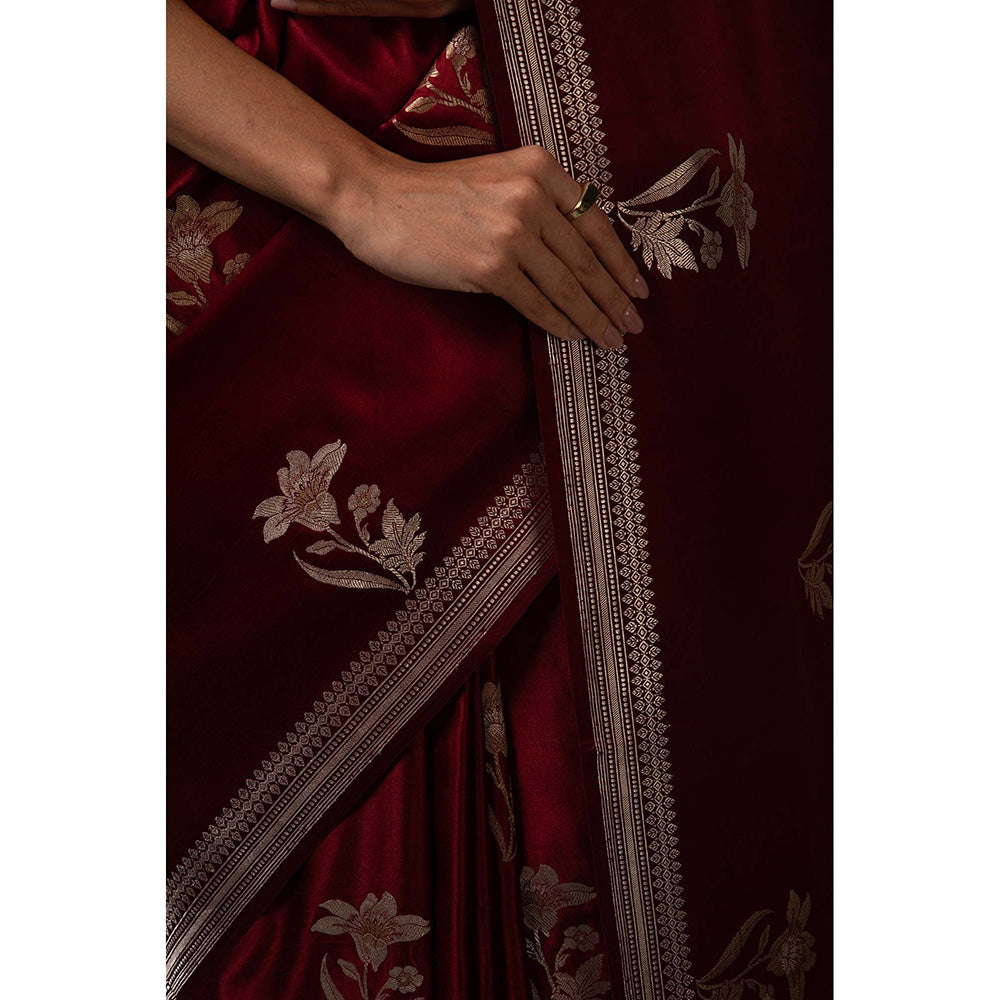 Sacred Weaves Maroon Booti Satin Silk Handloom Banarasi Saree Without Blouse