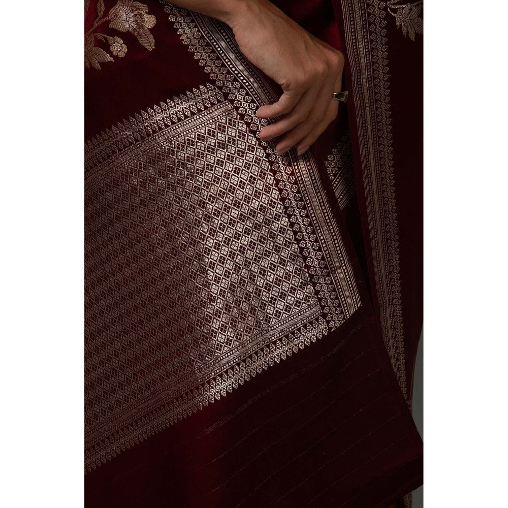 Sacred Weaves Maroon Booti Satin Silk Handloom Banarasi Saree Without Blouse
