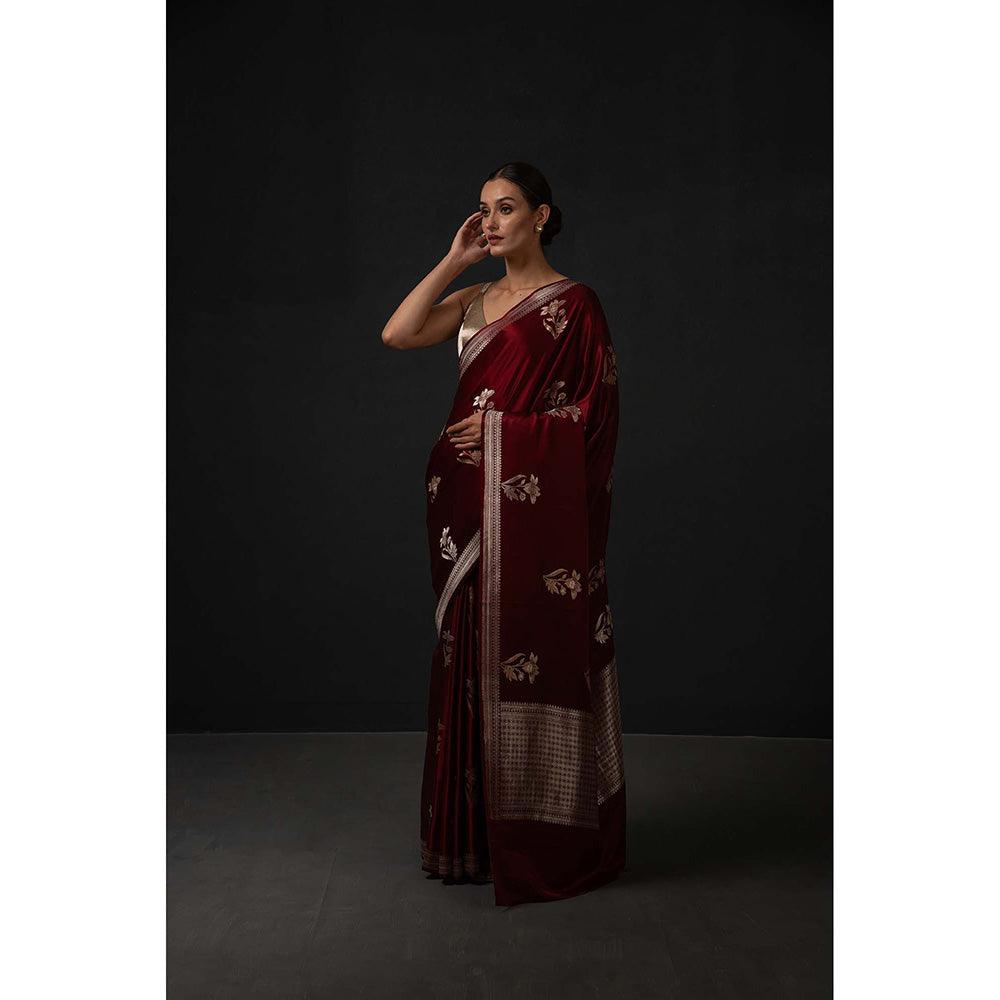 Sacred Weaves Maroon Booti Satin Silk Handloom Banarasi Saree Without Blouse