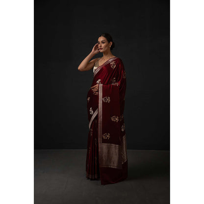 Sacred Weaves Maroon Booti Satin Silk Handloom Banarasi Saree Without Blouse
