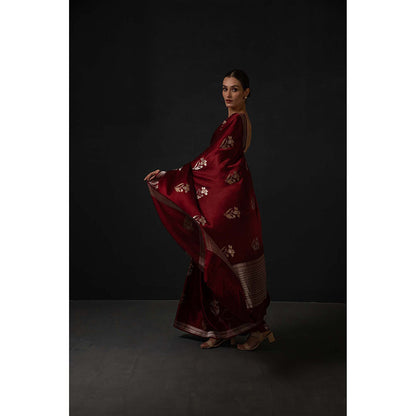 Sacred Weaves Maroon Booti Satin Silk Handloom Banarasi Saree Without Blouse