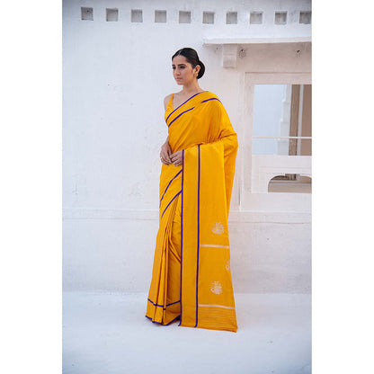 Sacred Weaves Yellow Sona Roopa Booti Satin Silk Handloom Banarasi Saree Without Blouse