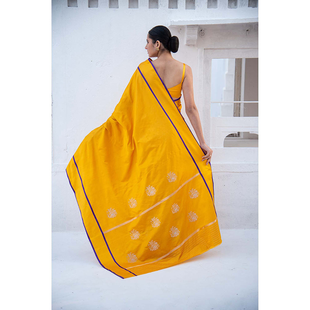 Sacred Weaves Yellow Sona Roopa Booti Satin Silk Handloom Banarasi Saree Without Blouse