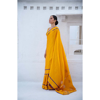 Sacred Weaves Yellow Sona Roopa Booti Satin Silk Handloom Banarasi Saree Without Blouse