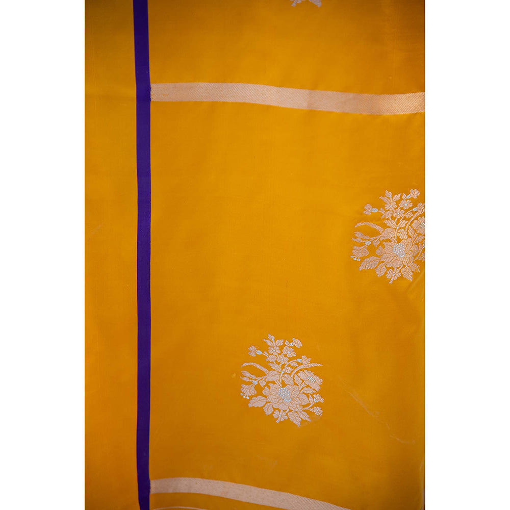 Sacred Weaves Yellow Sona Roopa Booti Satin Silk Handloom Banarasi Saree Without Blouse