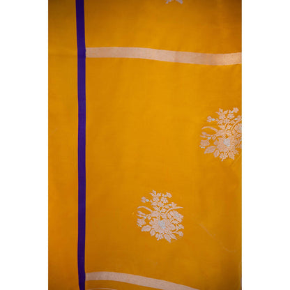 Sacred Weaves Yellow Sona Roopa Booti Satin Silk Handloom Banarasi Saree Without Blouse
