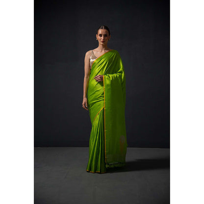 Sacred Weaves Parrot Green Plain Satin Silk Handloom Banarasi Saree Without Blouse