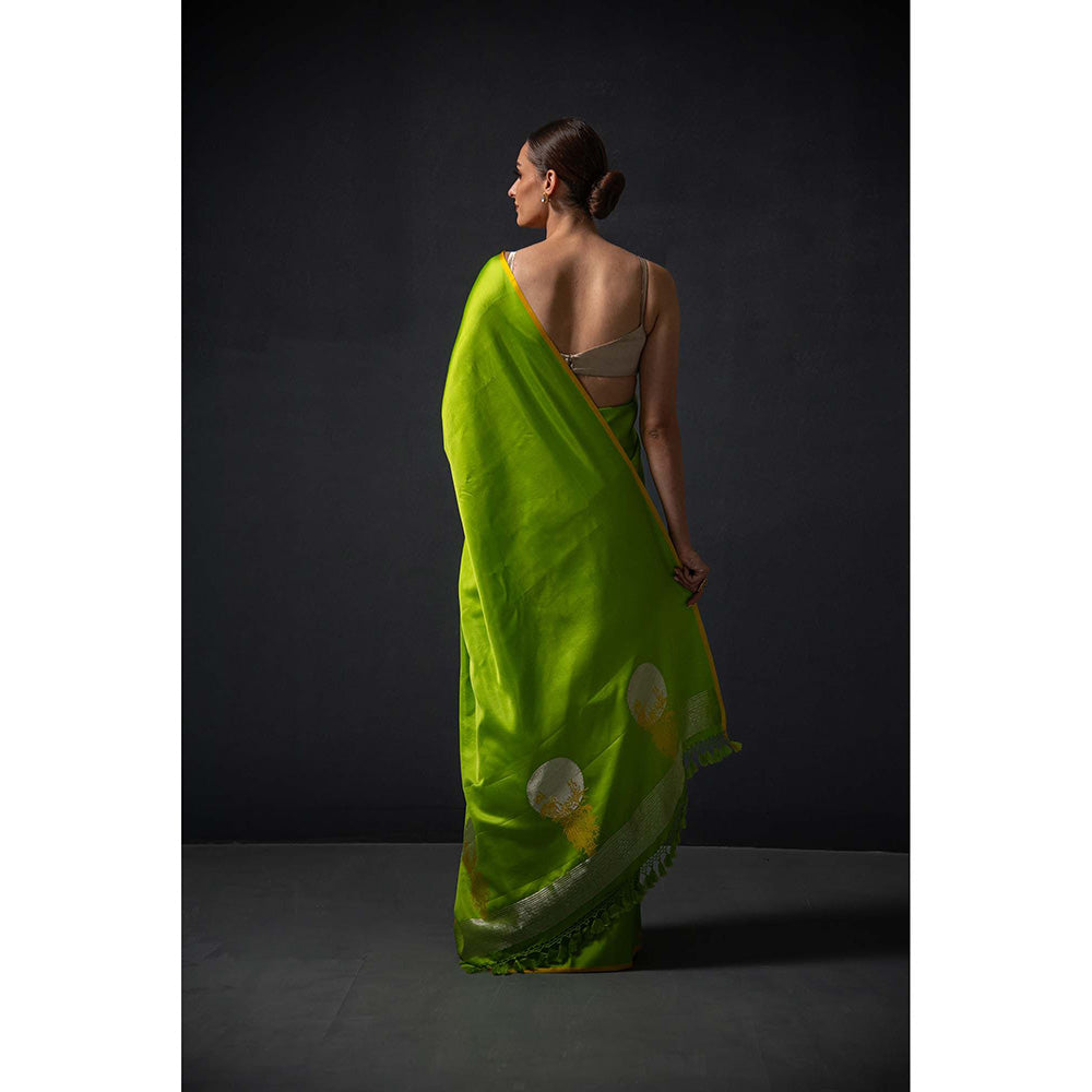 Sacred Weaves Parrot Green Plain Satin Silk Handloom Banarasi Saree Without Blouse