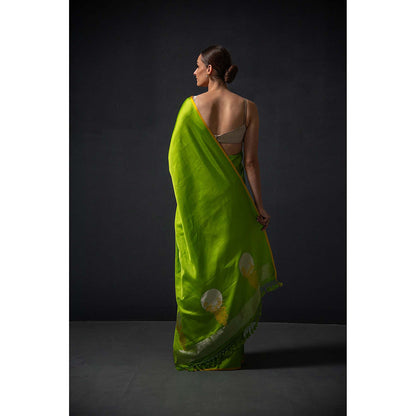 Sacred Weaves Parrot Green Plain Satin Silk Handloom Banarasi Saree Without Blouse