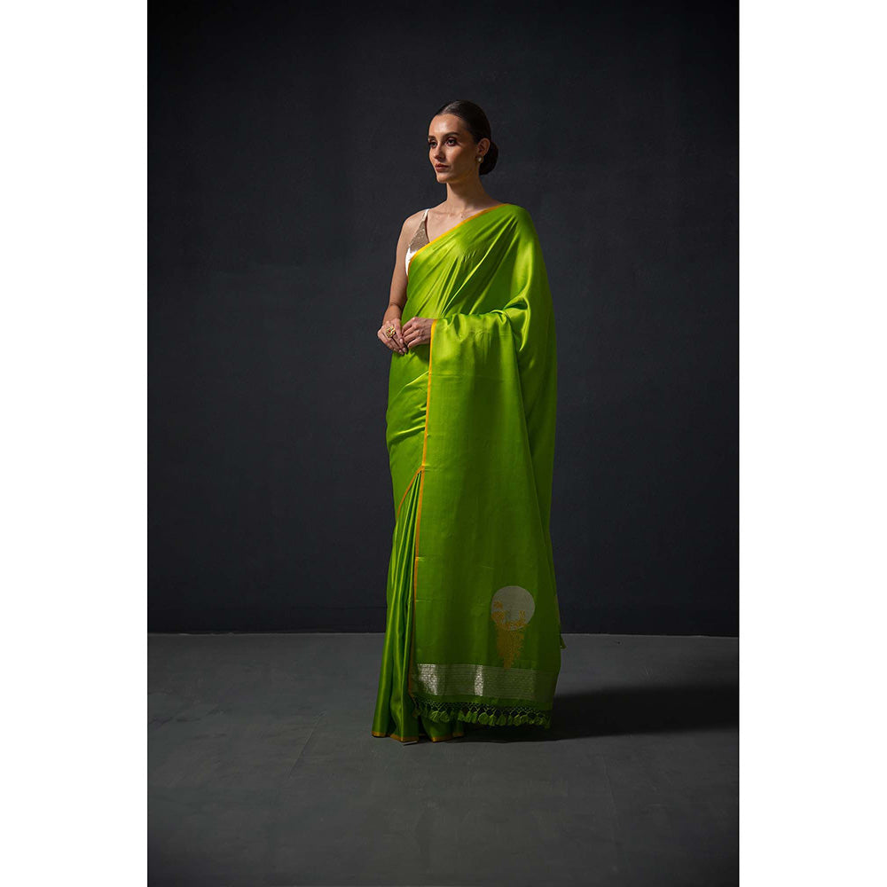 Sacred Weaves Parrot Green Plain Satin Silk Handloom Banarasi Saree Without Blouse