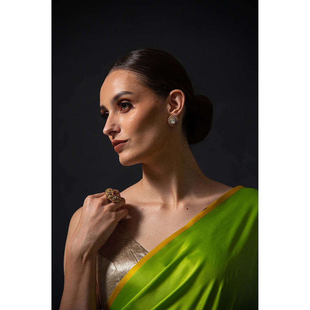 Sacred Weaves Parrot Green Plain Satin Silk Handloom Banarasi Saree Without Blouse