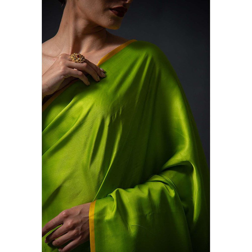 Sacred Weaves Parrot Green Plain Satin Silk Handloom Banarasi Saree Without Blouse