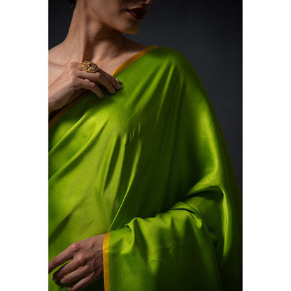Sacred Weaves Parrot Green Plain Satin Silk Handloom Banarasi Saree Without Blouse