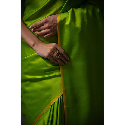 Sacred Weaves Parrot Green Plain Satin Silk Handloom Banarasi Saree Without Blouse