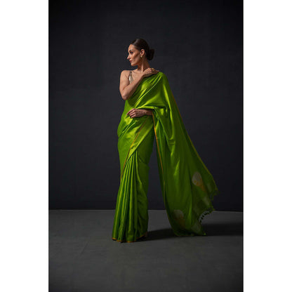 Sacred Weaves Parrot Green Plain Satin Silk Handloom Banarasi Saree Without Blouse