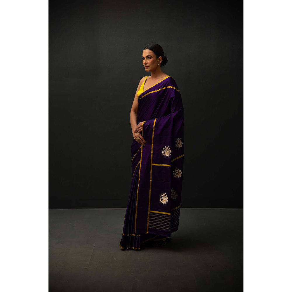 Sacred Weaves Purple Minakari Booti Satin Silk Handloom Banarasi Saree Without Blouse