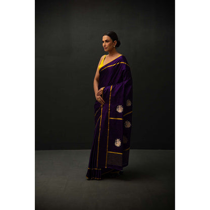 Sacred Weaves Purple Minakari Booti Satin Silk Handloom Banarasi Saree Without Blouse