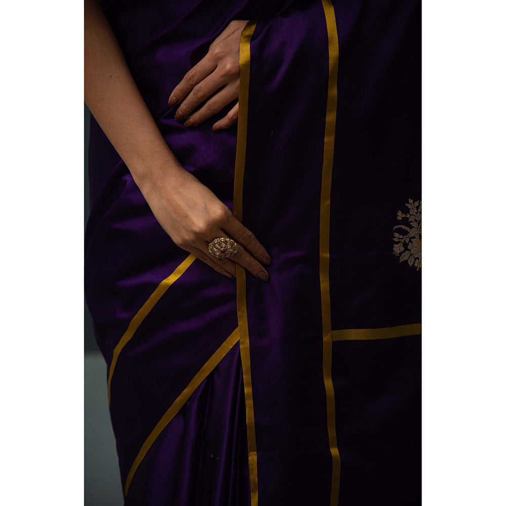 Sacred Weaves Purple Minakari Booti Satin Silk Handloom Banarasi Saree Without Blouse