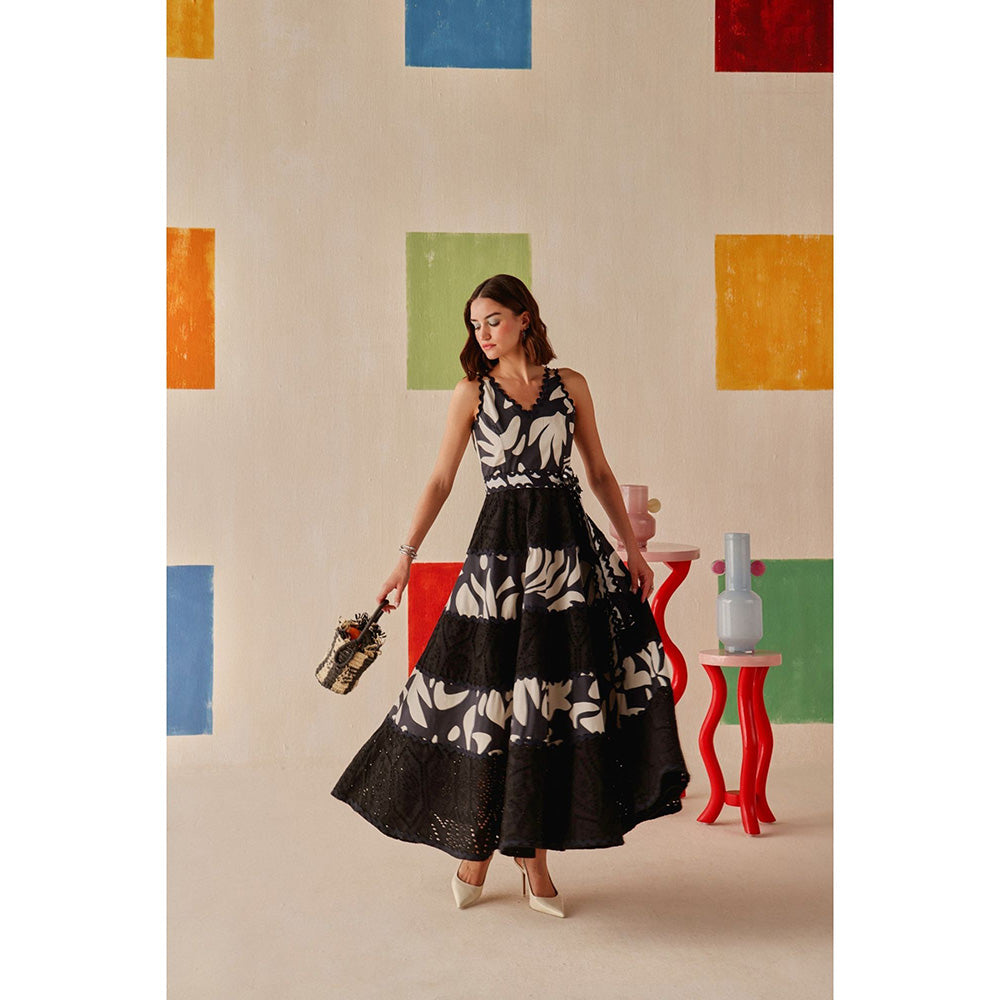 Sage By Mala Black Printed Elara Dress with Belt (Set of 2)