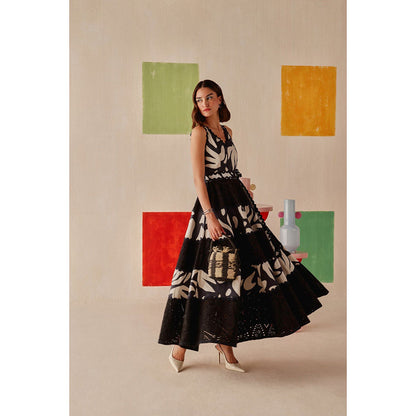 Sage By Mala Black Printed Elara Dress with Belt (Set of 2)