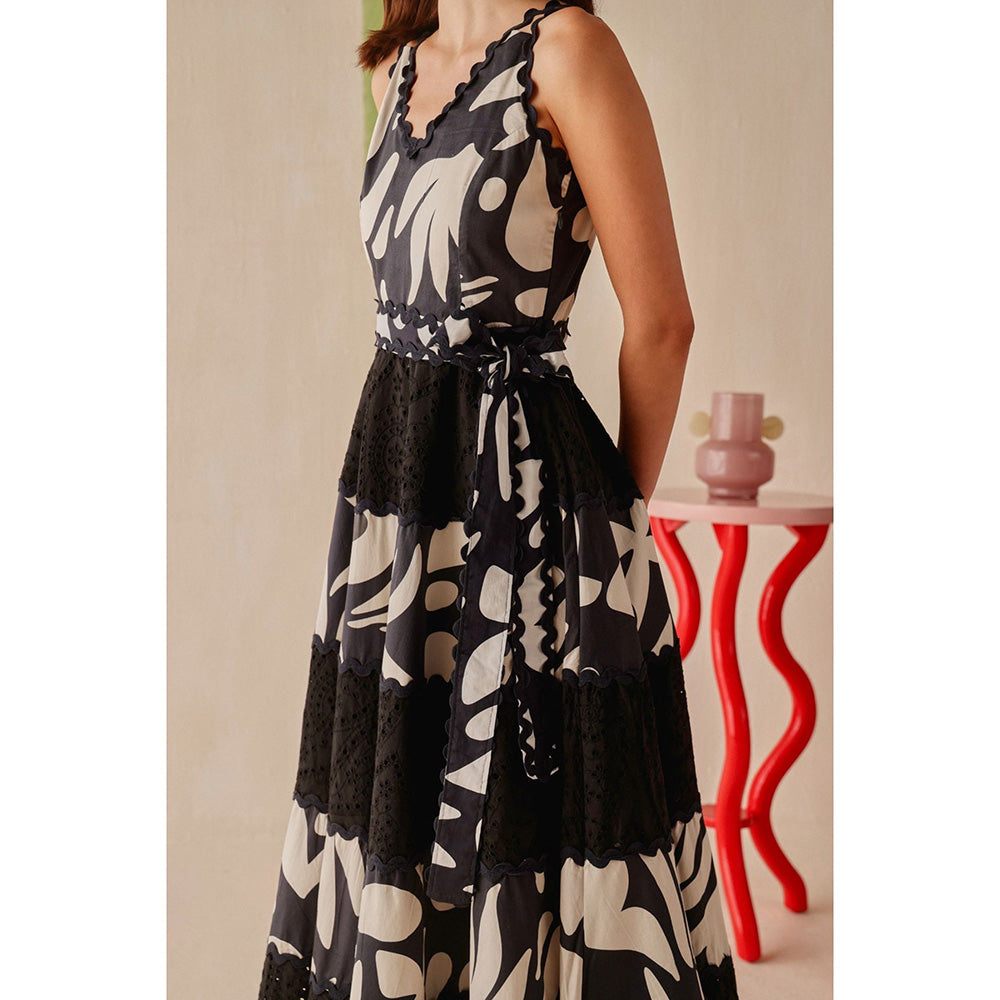 Sage By Mala Black Printed Elara Dress with Belt (Set of 2)