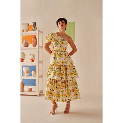 Sage By Mala Yellow Floral Printed Zahara Dress