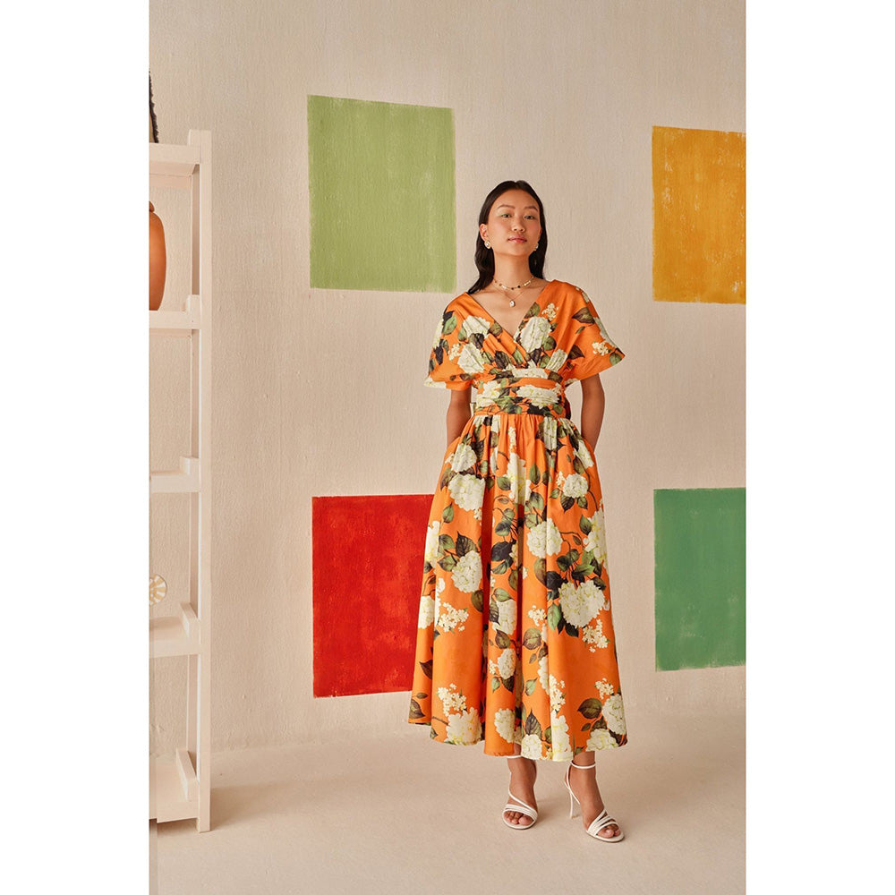 Sage By Mala Orange Floral Printed Valencia Dress