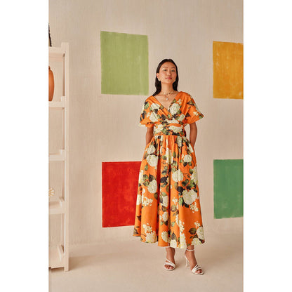 Sage By Mala Orange Floral Printed Valencia Dress