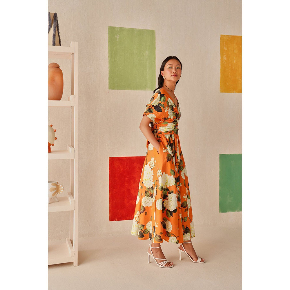 Sage By Mala Orange Floral Printed Valencia Dress
