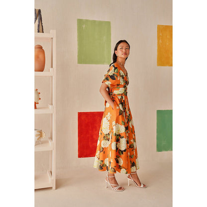 Sage By Mala Orange Floral Printed Valencia Dress