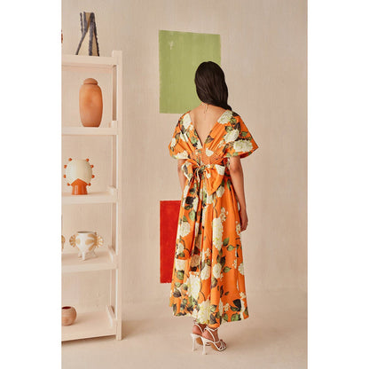Sage By Mala Orange Floral Printed Valencia Dress