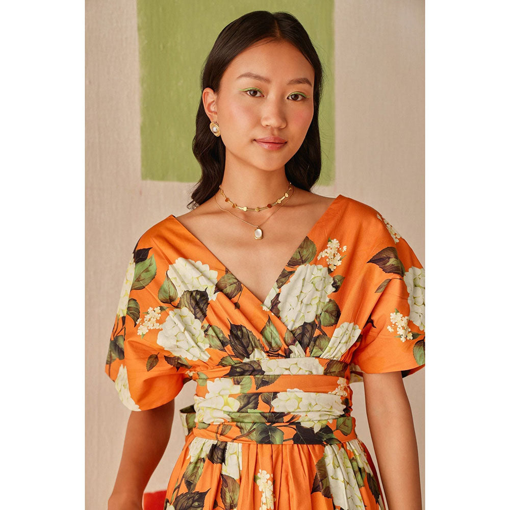 Sage By Mala Orange Floral Printed Valencia Dress