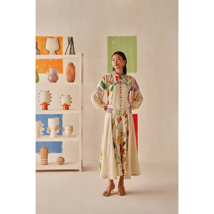 Sage By Mala Cream Floral Printed Jardin Dress