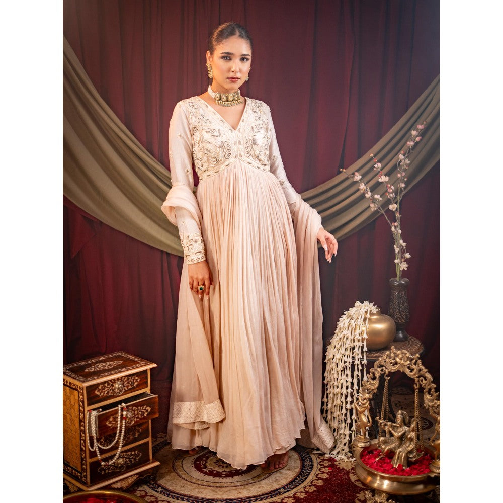 Sainy Garg Couture Beige Pearl Anarkali with Dupatta (Set of 2)
