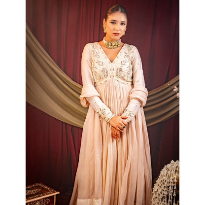 Sainy Garg Couture Beige Pearl Anarkali with Dupatta (Set of 2)