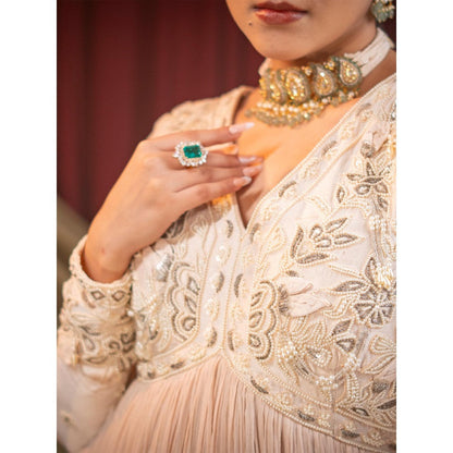 Sainy Garg Couture Beige Pearl Anarkali with Dupatta (Set of 2)