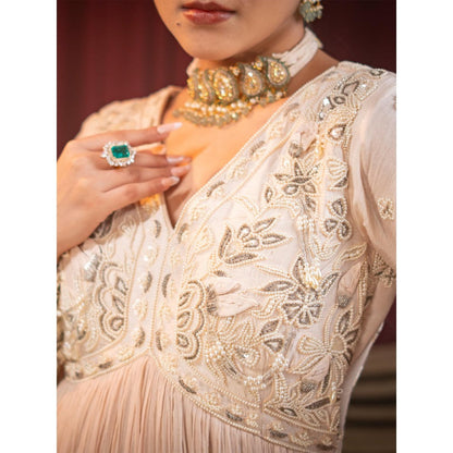 Sainy Garg Couture Beige Pearl Anarkali with Dupatta (Set of 2)