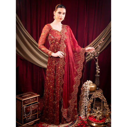 Sainy Garg Couture Maroon Estelle Anarkali with Dupatta (Set of 2)