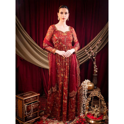 Sainy Garg Couture Maroon Estelle Anarkali with Dupatta (Set of 2)