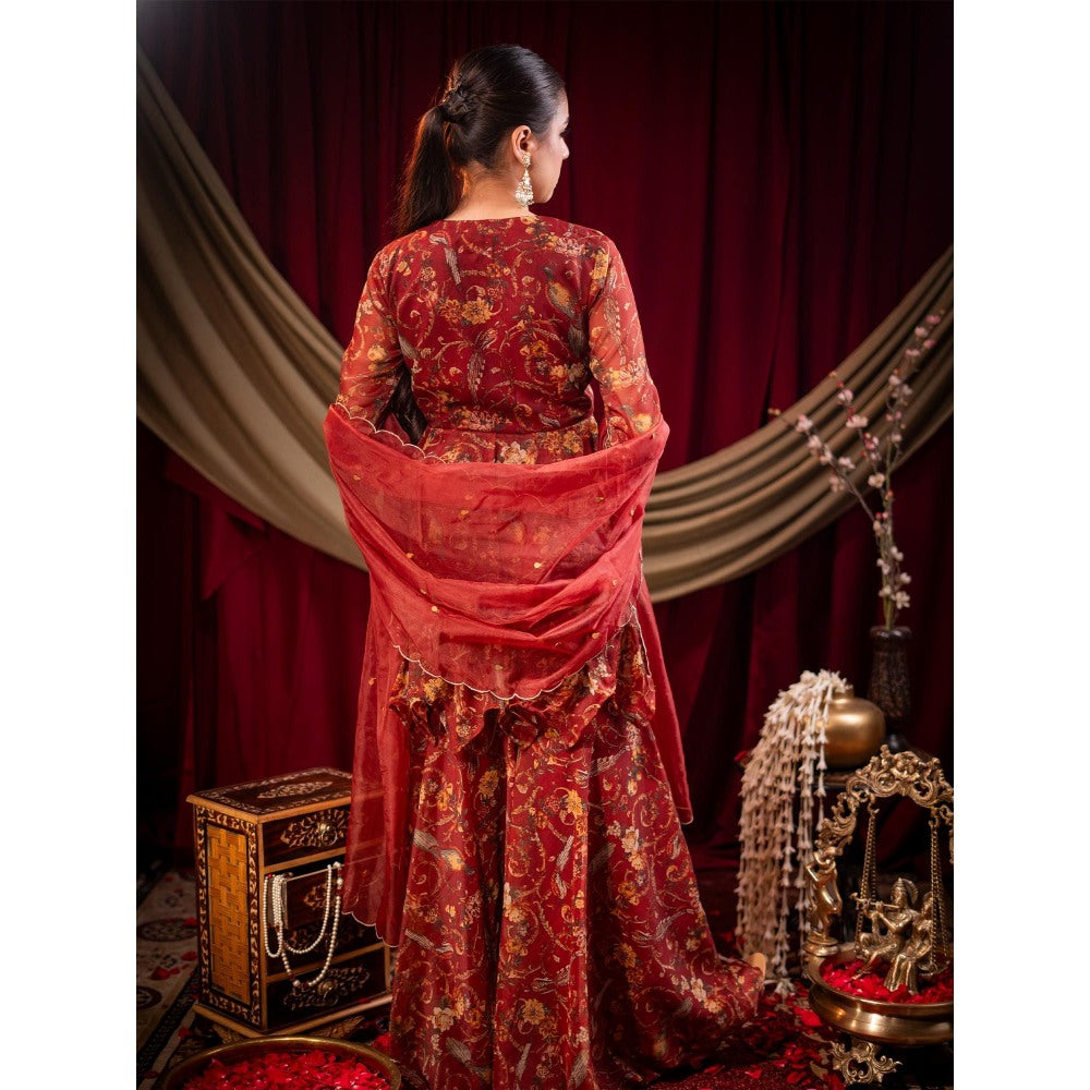 Sainy Garg Couture Maroon Vrinda Sharara with Kurti and Dupatta (Set of 3)