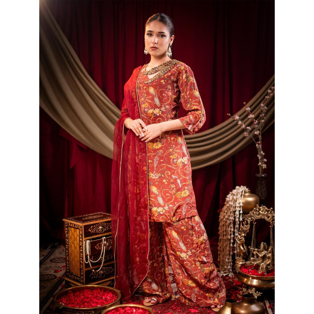 Sainy Garg Couture Red Myra Kurta with Palazzo and Dupatta (Set of 3)