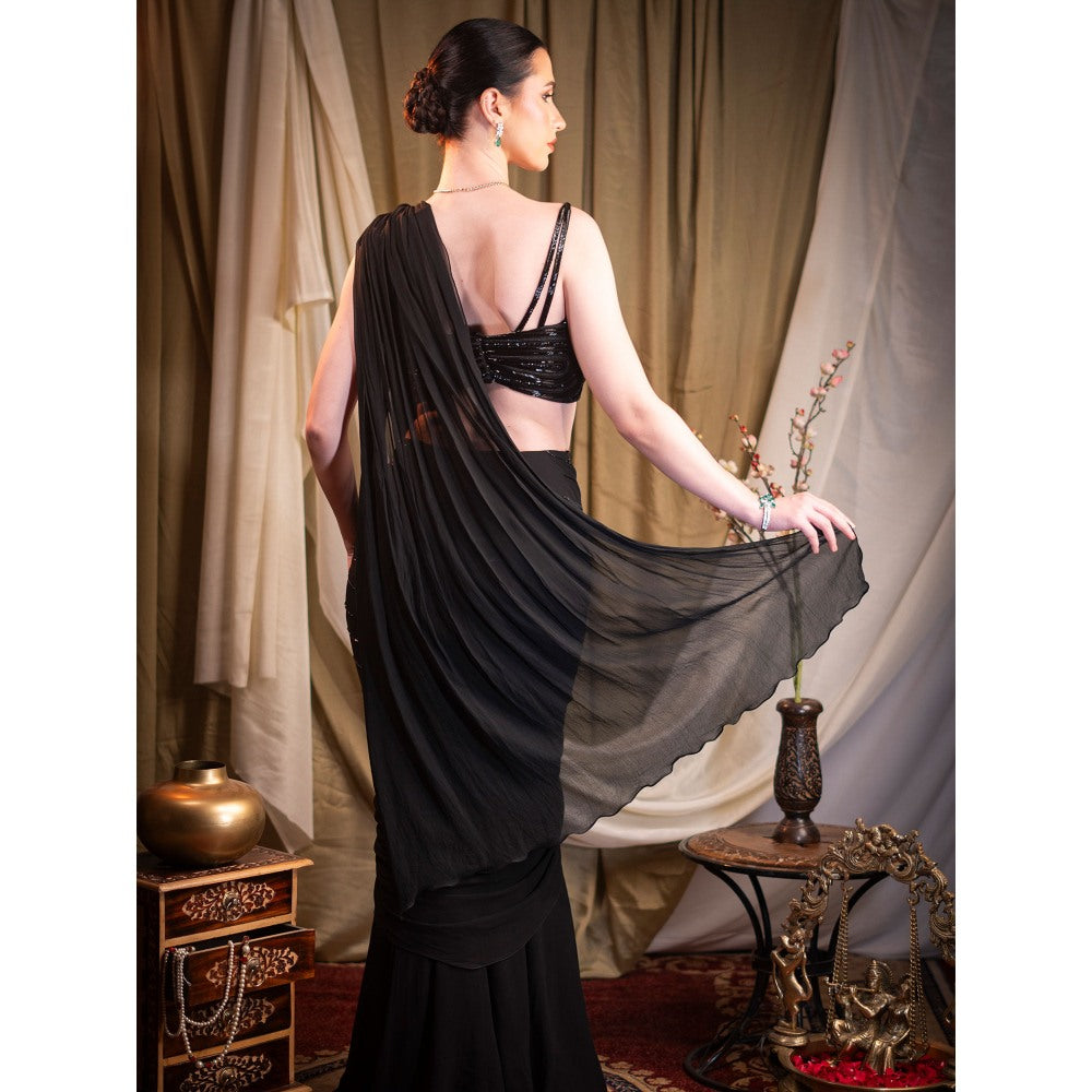 Sainy Garg Couture Black Celestine Fusion Pre-Drape Saree with Stitched Blouse