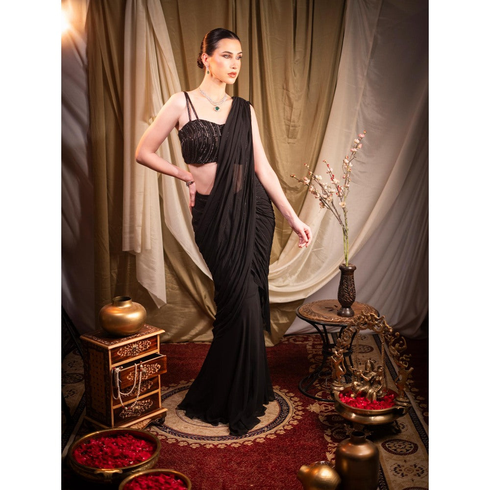 Sainy Garg Couture Black Celestine Fusion Pre-Drape Saree with Stitched Blouse