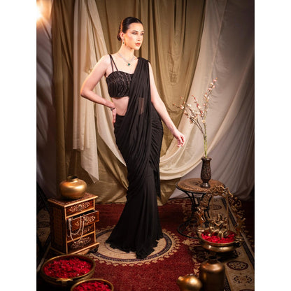 Sainy Garg Couture Black Celestine Fusion Pre-Drape Saree with Stitched Blouse