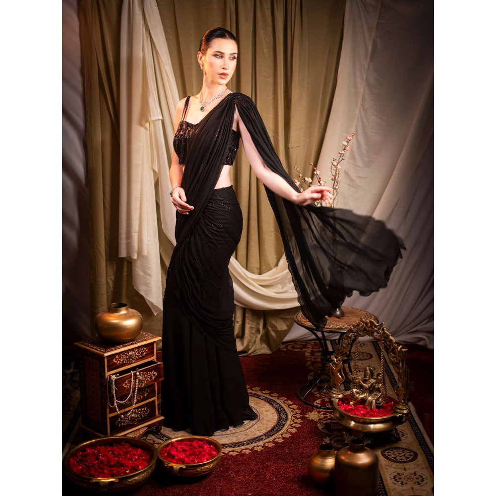 Sainy Garg Couture Black Celestine Fusion Pre-Drape Saree with Stitched Blouse
