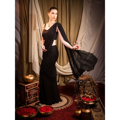 Sainy Garg Couture Black Celestine Fusion Pre-Drape Saree with Stitched Blouse