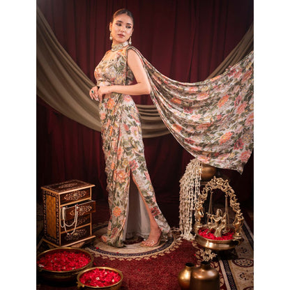 Sainy Garg Couture Multi-Colour Elara Fusion Pre-Drape Saree with Stitched Blouse